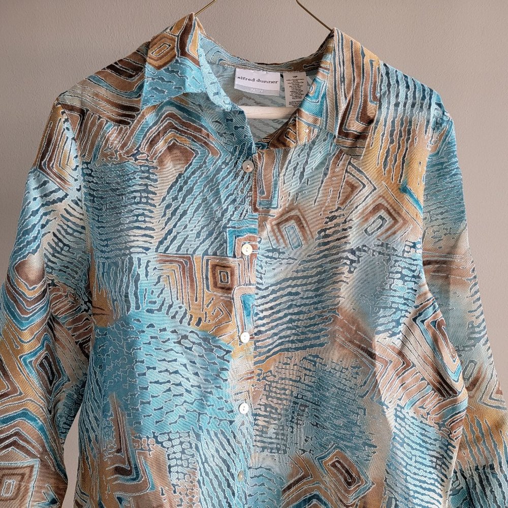 NWT Alfred Dunner| Sheer Aqua and Sand Button Down